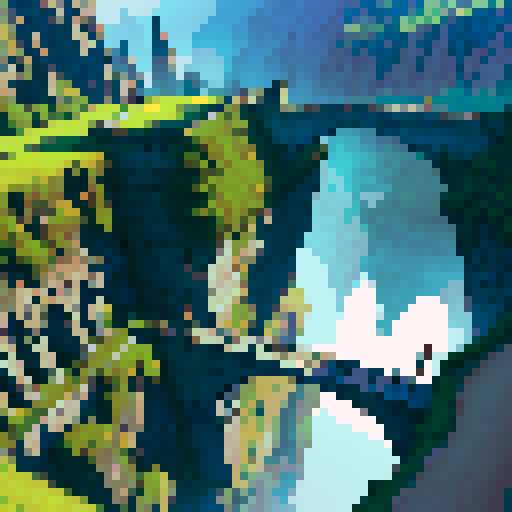 Tactical rpg fight on a stone bridge spanning a deep chasm, city walls to the left