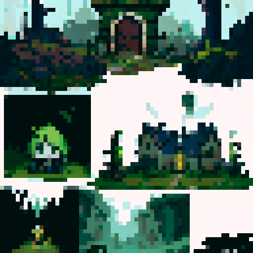 Rocky dungeon assets, moss-covered walls, dimly lit torches, eerie atmosphere, sRGB color palette, pixel art style