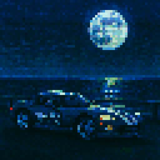 1996 Dodge Viper Indy Pace Car, ocean, night, full moon, sRGB, pixel art