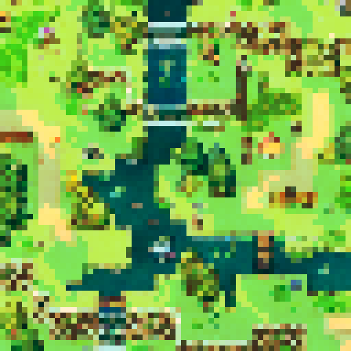 lush green foliage, towering trees with twisting branches, a winding path leading through the forest, vibrant wildflowers scattered along the trail, moss-covered rocks peeking out, a small wooden hut nestled among the trees, a cozy chimney releasing a wisp of smoke, a welcoming front porch adorned with potted plants, a babbling brook nearby, a wooden bridge crossing over the stream, a sense of tranquility and adventure in the air, a perfect landscape portrait for an RPG maker map