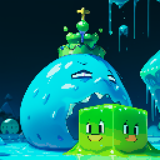 Blue Slime cube, Gelatinous cube, wearing crown, giant Slime, boss fight