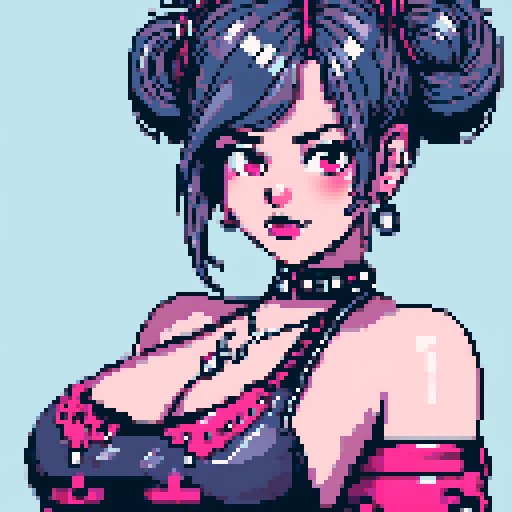 curvy, busty cute goth babe with studded collar, big titty goth wearing studded leather halter top. Large breasts. hair in buns. close up portrait, pixel art, sRGB