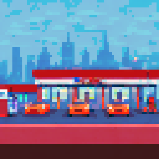 gas station exterior at midnight, illuminated pumps, glowing streetlights, pixelated cars, detailed brick texture, atmospheric fog