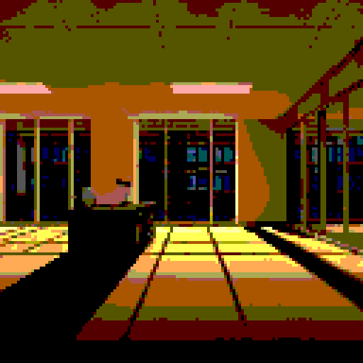 empty office space viewed from inside, large open windows letting in faint orange sunlight, (desks with glowing computer monitors atop them), dim (flourescent light fixtures), long dark shadows, somber mood, wide angle lens