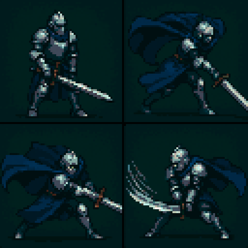 Knight in full silver-gray armor with a deep blue cape, wielding a large sword in a fluid motion, divided into 4 frames:

1 Side stance, hands gripping sword handle, tip touching ground
2 Leaning forward, sword raised back and up, cape fluttering
3. Body rotating 90 degrees, sword slashing horizontally with speed lines
4 Sword chopping down to the left corner, knee slightly bent for impact absorption