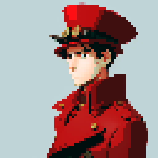 A steampunk young man who has a red coat and a red hat
