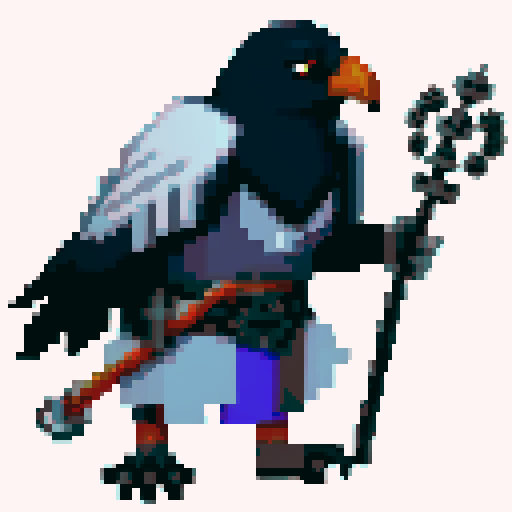 old antropomorphic raven druid with grey beard, with staff in hand