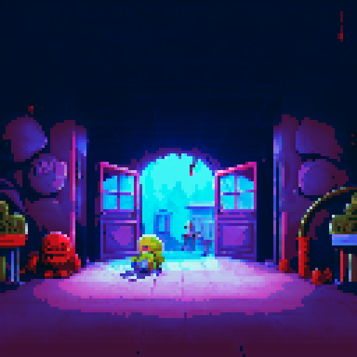 dark entry to indoor kids playground with toys and a strong horror theme