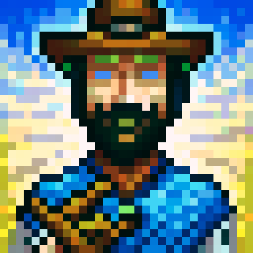 cowboy wearing a dusty brown hat, squinting under the sun, with a thick beard and piercing blue eyes, holding a revolver in his right hand and a lasso in his left, ready to rope a wild bull