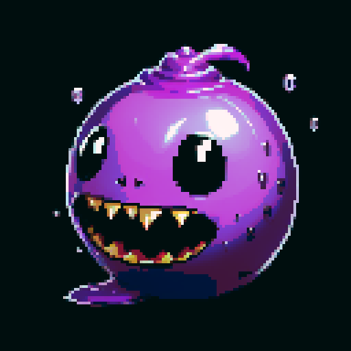 A sinister, venomous slime with a deep purple color and a slick, glossy surface. It has sharp, predatory eyes and an evil smirk, with venomous bubbles swirling within. No background.

