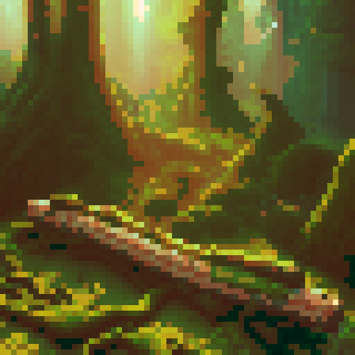 wooden log with gnarled branches, vibrant green leaves, dappled sunlight filtering through, moss-covered bark, intricate wood grain, intricate pixelated details