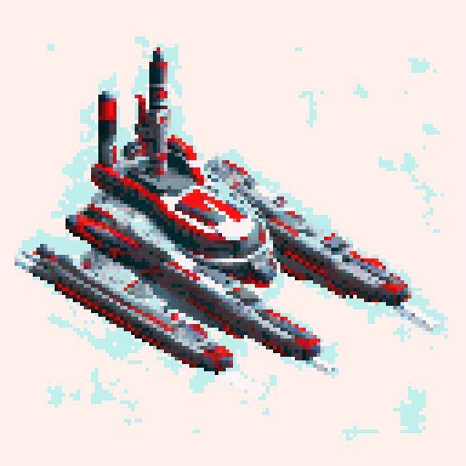 space battleship, top-down view, gray border, red desk, pixel art