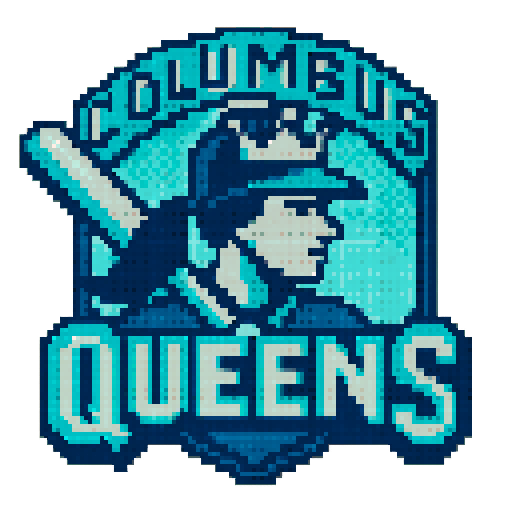 Pixel art of a fictional baseball team called the Columbus Queens. teal, dark blue, light gray, sharp outlines, and soft pixel shading. The logo design mimics 80s MLB logos. Use a vibrant Sega Genesis 16-bit style with selective dithering, geometric forms, and nostalgic retro charm. Avoid modern gradients—keep it pure pixel art.