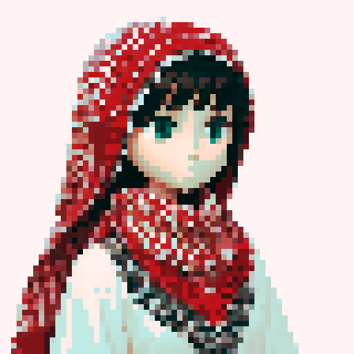 "Create an image of a traditional Middle Eastern ghutrah (keffiyeh) with a classic white and red checkered pattern. The ghutrah should be draped over the head of a mannequin or a person, showcasing its elegant folds and how it sits on the shoulders. The fabric should have a soft, woven texture with the red and white pattern clearly defined. 