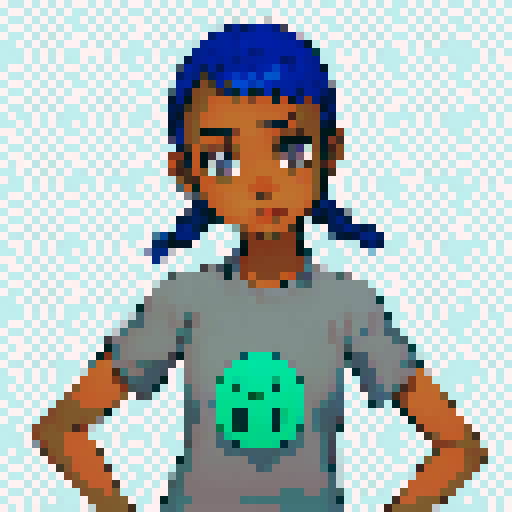 Young black girl with blue pigtails and gray eyes