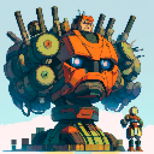 fat mad scientist, facing left, full-body image, exaggerated features, pixelated details, giant robot, mechanical limbs, robot workshop backdrop, sRGB color palette