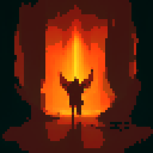 Living ember of flame, glowing orange and yellow against a dark, cavernous backdrop, surrounded by ominous shadows and sharp, jagged rocks, evoking an atmosphere of danger and excitement in a fantasy RPG world