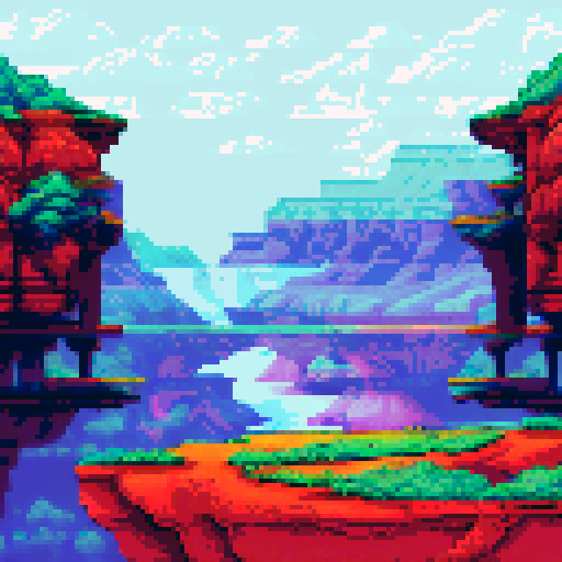 Canyon cliff, towering and jagged, with realistic colors blending seamlessly into the sRGB pixel art background, depicting a breathtaking and expansive landscape