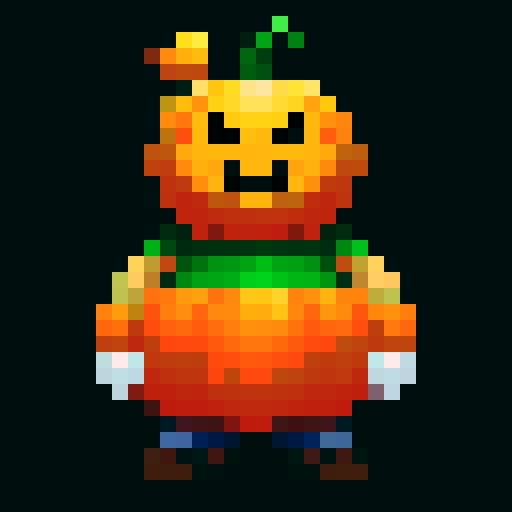  A headless horsemen character. This will be the player character. They have a pumpkin for their head. In some versions it will be without the head and will hold the pumpkin in its hands. But this version the player should have the pumpkin head. Headless horsemen also ride horses but I don't want that for this version.

The head should be clearly visible. The body should be short, with the body being about the same size as the head, maybe smaller, like in Mario games.