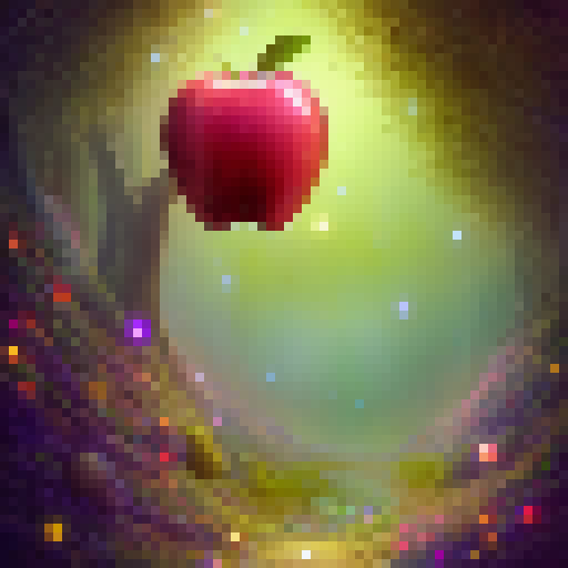 A mystical apple, shimmering with iridescent colors, produces a burst of sparkling magic as it grows in a whimsical forest full of glowing mushrooms and fireflies.