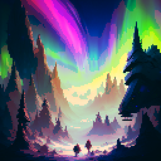 adorable village nestled in a whimsical, fantasy RPG landscape, with a sky ablaze in vibrant hues of the mesmerizing northern lights aurora borealis