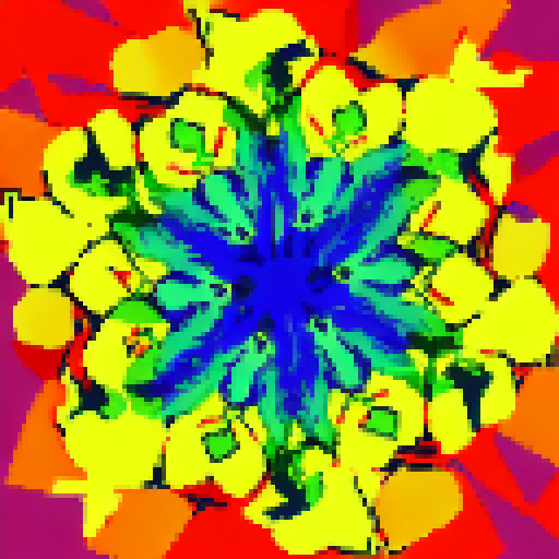 A vibrant, multicolored flower with delicate petals and a center, captured in a close-up character portrait with a Van Gogh aesthetic and rendered in charming pixel art.