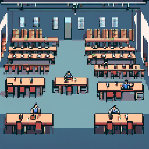 visualize a warehouse cafeteria in which some workers are sitting on tables while some are standing