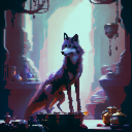 Anthro female wolf, perched on a wooden stool, stirring a bubbling cauldron in a rustic kitchen adorned with potion jars and magical ingredients