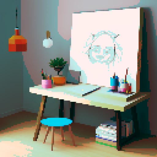 Colorful paints, paintbrushes, and palettes, scattered on a wooden table with bright studio lights, surrounded by sketches and drawings, capturing the essence of an artist's pixel art studio