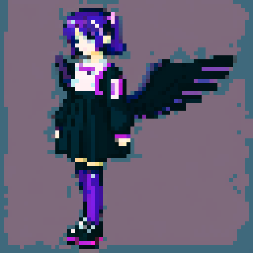 Purple Haired anime girl wearing black clothes with one angel wing 