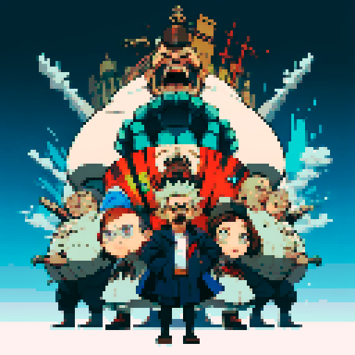 full-body image of mad scientist, fat, mustache, giant robot in background