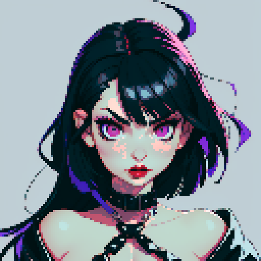 curvy, cute busty goth girl's face, whole head portrait, black hair, purple eyeshadow, red lipstick, low cut black studded leather halter top, studded collar, vibrant sRGB colors, edgy aesthetic. 