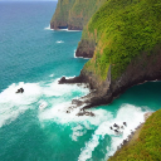Lush green background with cliffs, ocean and jungle in the distance.