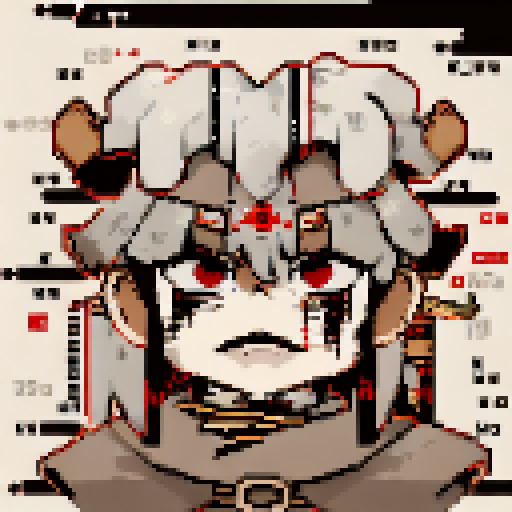 Pixelated caricature of a fierce, samurai warrior with a menacing expression, featuring bold black lines and sharp angles, all rendered in a monochromatic palette.