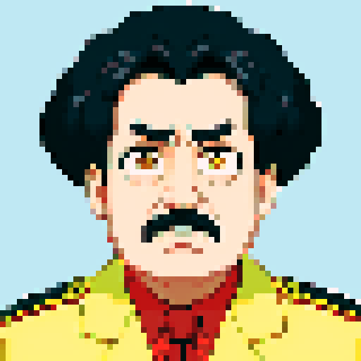 police chief, black hair, close-up, confident stance, anime style, pixel art, suit, front view, front view, bust, serious expression, old man