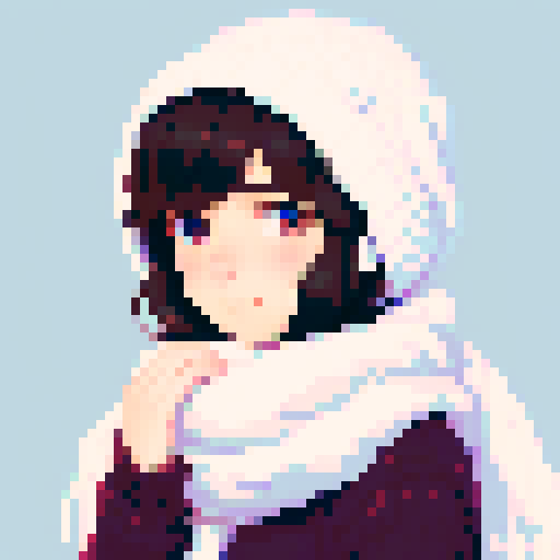 portrait, sprite art, young woman, dark eyes, dark hair, shy girl, awkward, cute, soft eyes, autistic, cozy winter, white scarf, shy, timid, stardew valley