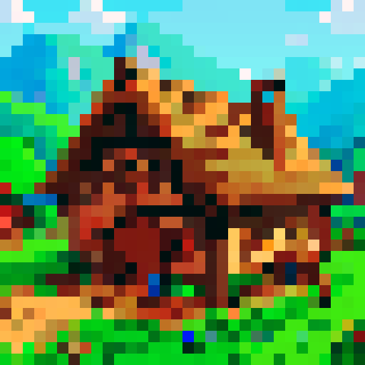 woodcutter building, medieval style, Stardew Valley, front perspective, rustic wooden structure, thatched roof, stone foundation, lush green surroundings, pixelated details, vibrant colors, sRGB