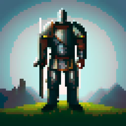Medieval knight in full armor, wielding a massive broadsword and carrying a sturdy shield, standing proud amidst a pixelated landscape of rolling hills and towering castles.