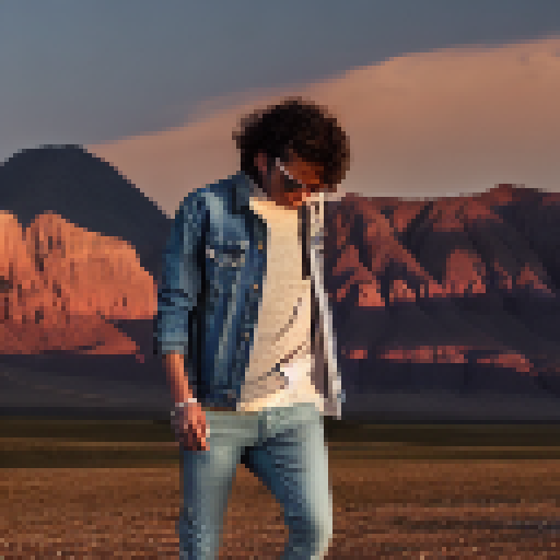 
man in denim jacket, eagles, desert, sunset, sneakers, jeans, white t-shirt, bushes, rails