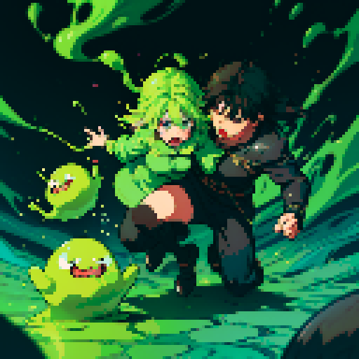 slime surging up around someone, slime engulfing a hero, slime consuming a hero, hero getting engulfed by slime, slime attack, dynamic, slime slamming into someone, impact, splashing slime, full-body image, full-body art, black hair, brown outfit