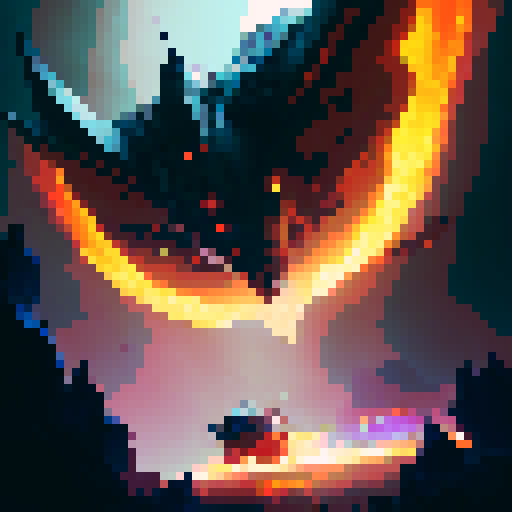 stylized, vibrant, and action-packed.

        Fiery dragon warrior charging towards a looming shadow, with a backdrop of swirling clouds and crackling lightning.