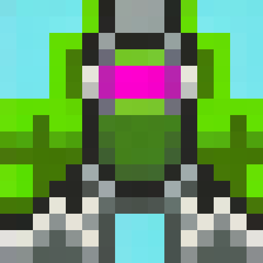 Cyber-knight scans verdant world with towering flora, glowing bioluminescence, & floating drones in a sleek, futuristic game icon art style; close-up, pixel art portrait.