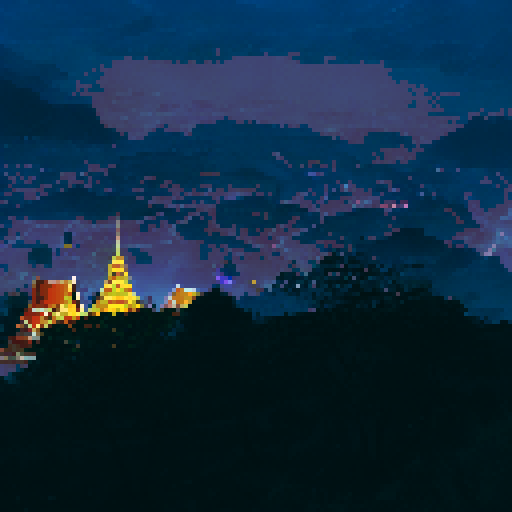 Night view, Thai yellow temple, On mountain, night city with small yellow lights below the mountain