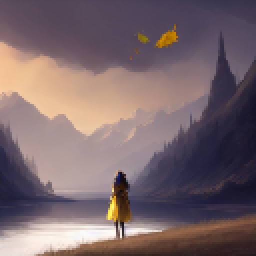 the Girl Stand at the river near the window and she sad, the yellow sky, Flower fall on the ground with dargon