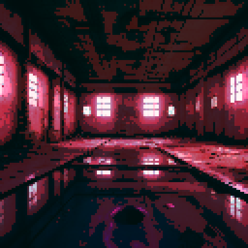 Corrosive Waste Factory "An eerie, abandoned factory with pools of glowing pinkish purple corrosive liquid, rusted metal machinery, leaking pipes, and a toxic atmosphere. The floor is corroded with holes, and the walls are covered in grime and rust. Dim industrial lights flicker in the background."