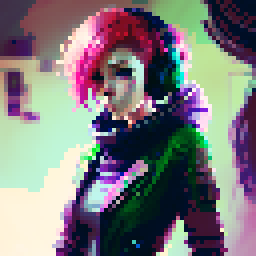 cute redhead with green eyes, anime style, pink and black dress headphones, cat on a gaming desk, cleavage, plants in the background, fantasy RPG, painting on the wall