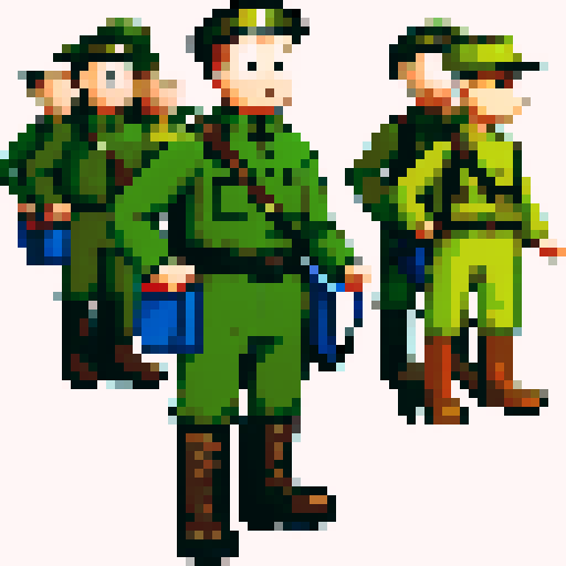 Soldier from the First World War, walking animation sprites, Tintin style, pixel art, sRGB
