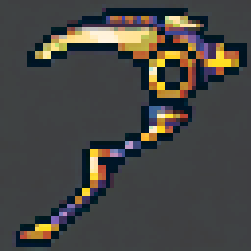 black and gold scythe, glowing, modern style, fantasy RPG
