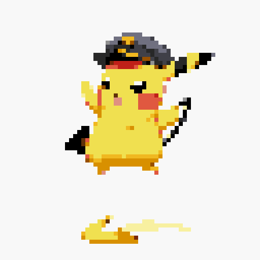 Create an image of Captain Pikachu, embodying the spirit of a seasoned and fearless leader ready for battle. Pikachu is confidently poised on his tail, showcasing his agility and balance. His expression is one of unwavering determination and self-assurance, with eyes slightly narrowed and a subtle, confident smirk. His captain's hat is tilted forward, casting a shadow over his eyes to enhance his aura.