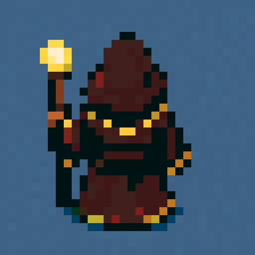 Up-facing sprite (back view) of a mage in dark red robes with golden trims, solid color background